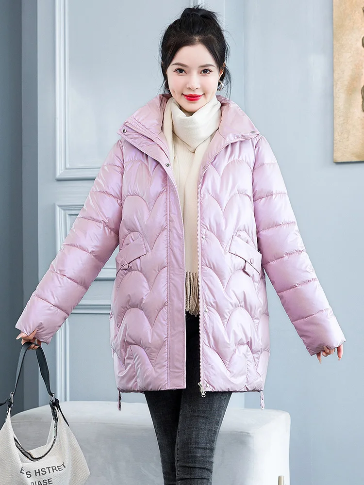 New Winter Jacket Cold Warm Outerwear Womens Long No Wash Glossy Down Cotton Jackets Casual stand collar Parka Windproof Coat