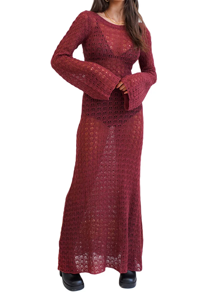 

Женское вязаное крючком платье с открытой спиной, летнее облегающее длинное однотонное прозрачное пляжное платье с длинным рукавом и вырез...