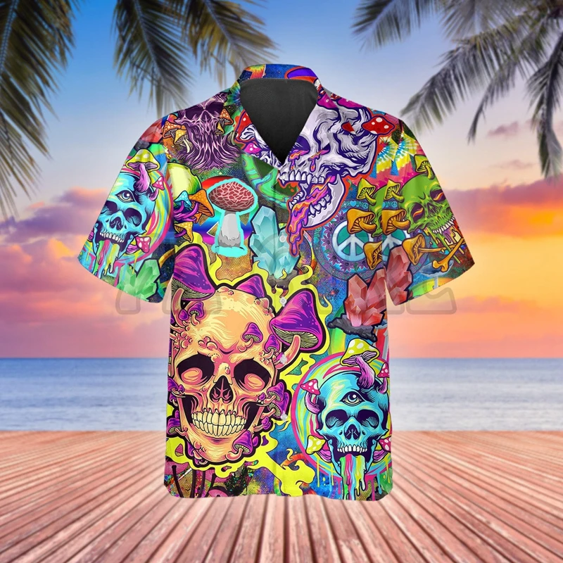 

Mushroom Psychedelic Trippy Skull Hawaiian3D All Over Printed Hawaiian Shirt Men's For Women's Harajuku Casual Shirt Unisex