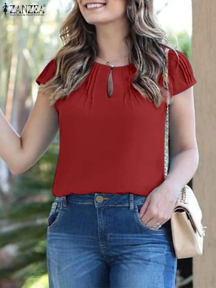 

Fashion Summer Tops Women Short Sleeve Blouse ZANZEA Elegant Solid OL Work Shirt Female Holiday Beach Blusas Oversize Mujer