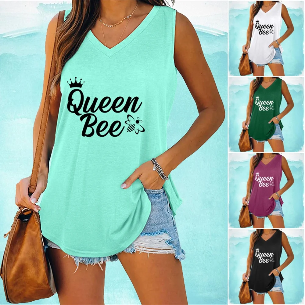 

Women Fashion Tank Top Letter Printed T-shirt Summer Fashion Sleeveless Top Loose Vest Shirt Laides V Neck Tank Top
