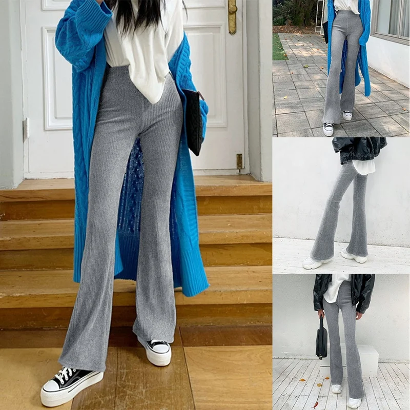 

Women's Fashion Solid Color Stretch High Waist Casual Flared Pants Gray