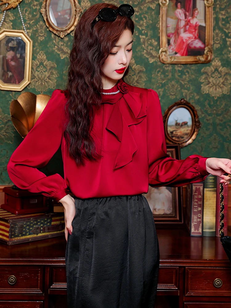 2024 весенняя элегантная красная атласная женская блузка с оборками и бисером