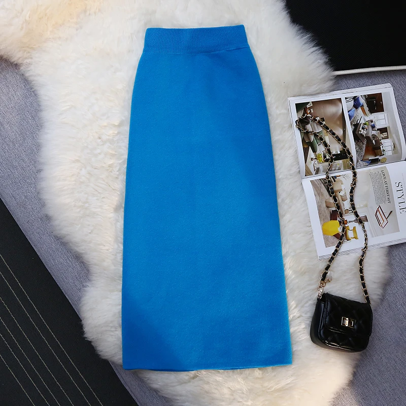 

Autumn Winter Knitted Pencil Skirt Women Elastic High Waist Skirt Womens Slit Midi Skirts For Woman Bottoms Falda Larga Mujer