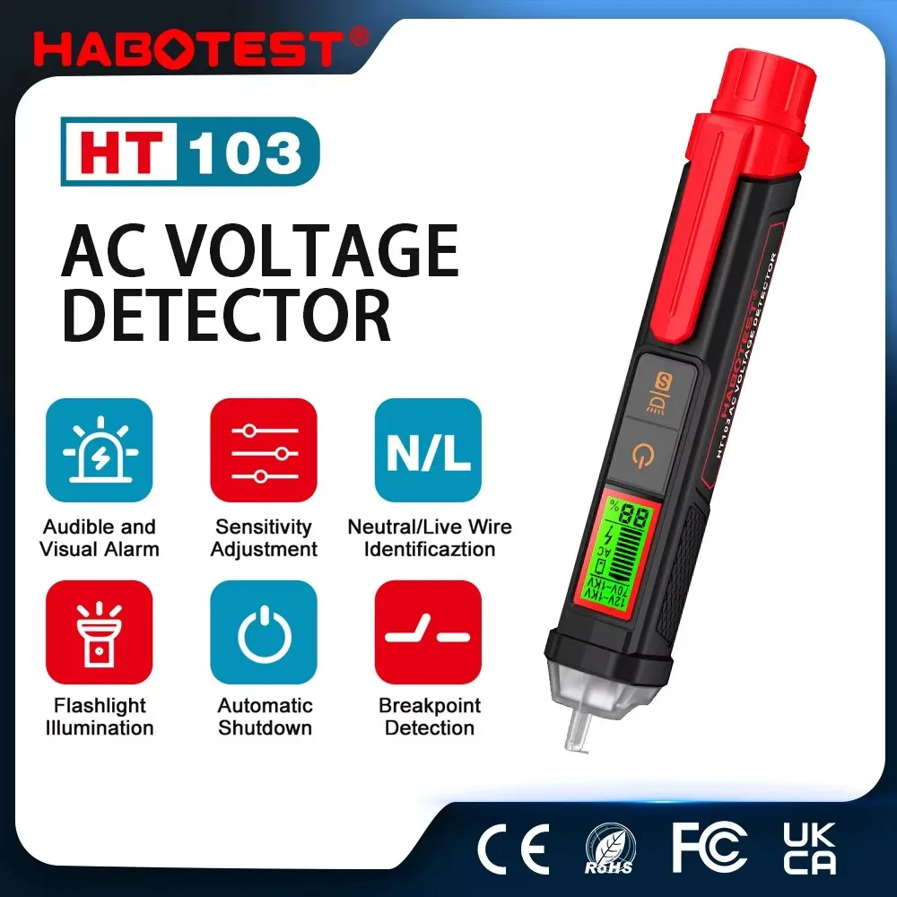 Фото Бесконтактный тестер напряжения переменного тока HABOTEST HT103, 12-1000В, водонепроницаемый, цифровой детектор напряжения, электрический тестер-ручка с ЖК-дисплеем №3