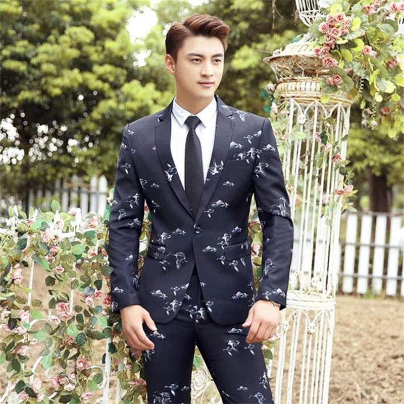 

Singer star style dance stage printing clothing for men suit set with pants mens wedding suits costume groom men formal dress