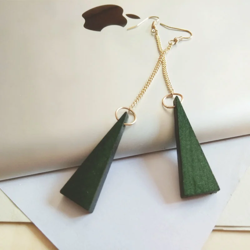 

Green geometric Wood Earrings exaggerated triangular tassel long earrings female