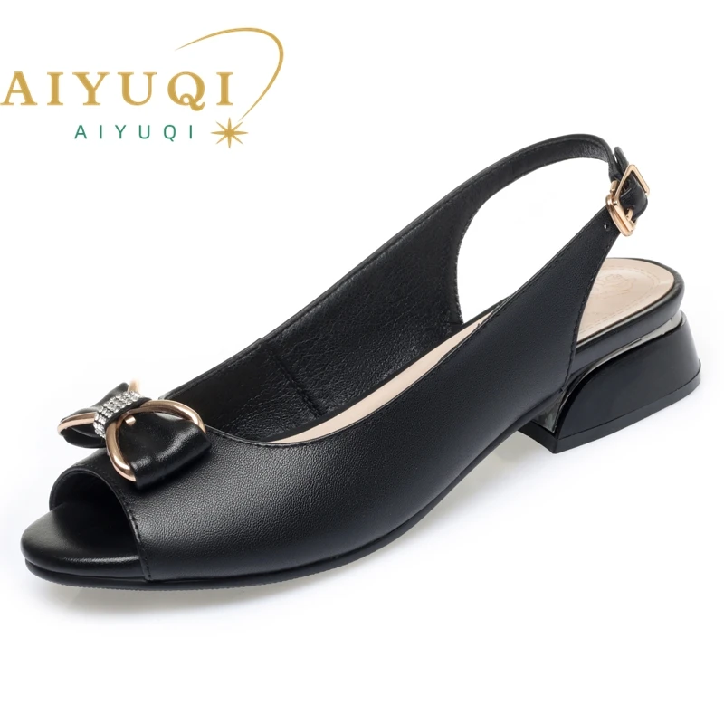 AIYUQI Women Sandals Genuine Leather 2023 Summer New Open Toe Fashion Bow Women's Sandals Fish Beak Large Size Sandals Ladies