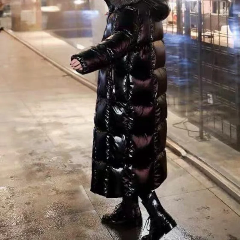 2022 Women's Cotton Jacket New Down Cotton Jacket Women's Long Black Bright Face Thickened Real Wool Collar Cotton Jacket