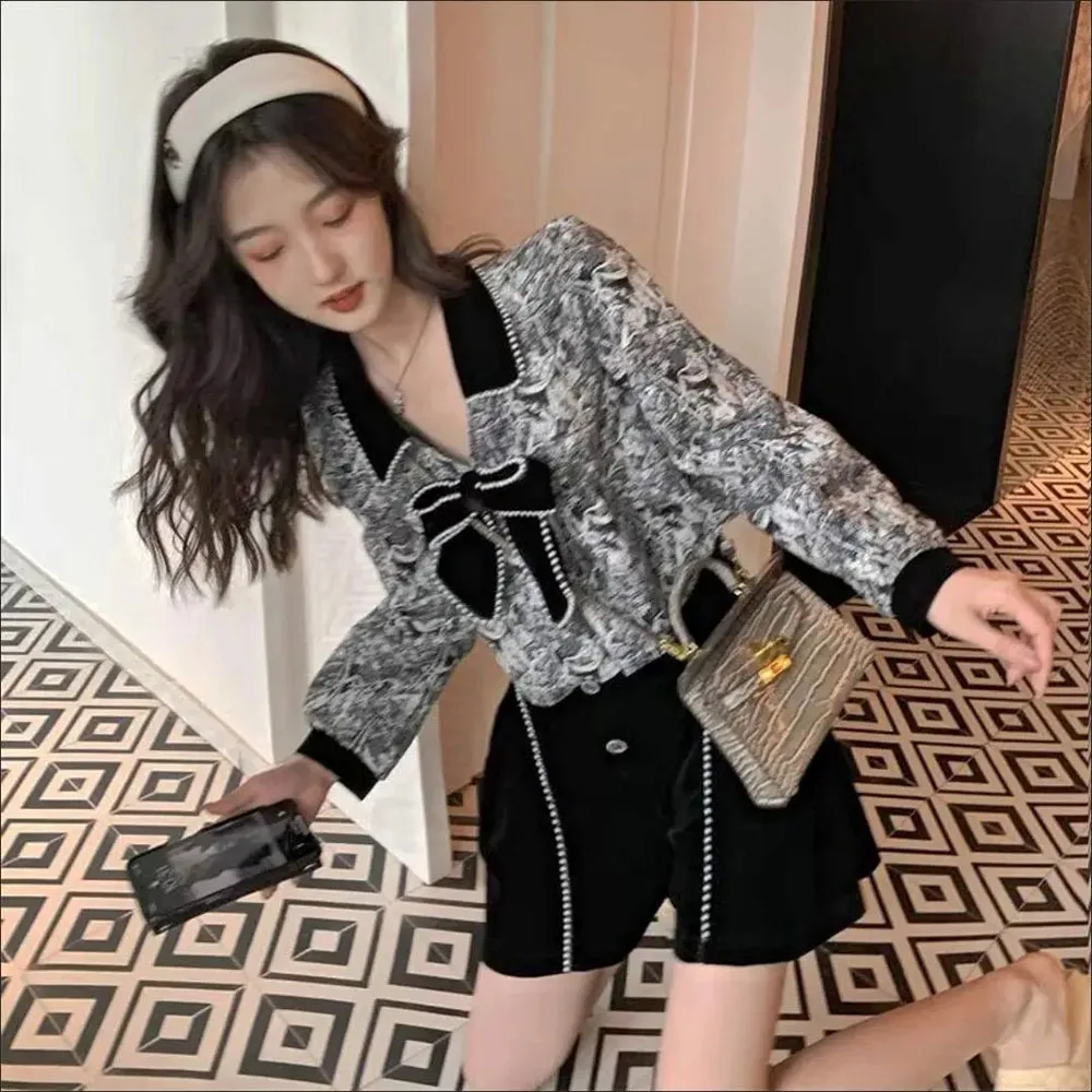 

Korean Fashion Bow Pearls Casual Shirts Summer Elegant Long Sleeve Slim Tops Women High Waist Wide Leg Shorts Camisa De Mujer