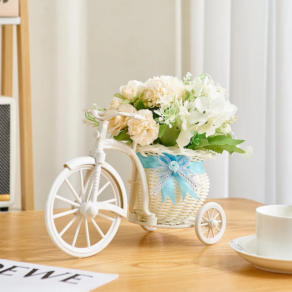 

French Style Romantic Flower Basket Bicycle Ornaments Artificial Bouquet Room Decoration Accessoires Miniatures Home Decor Gift