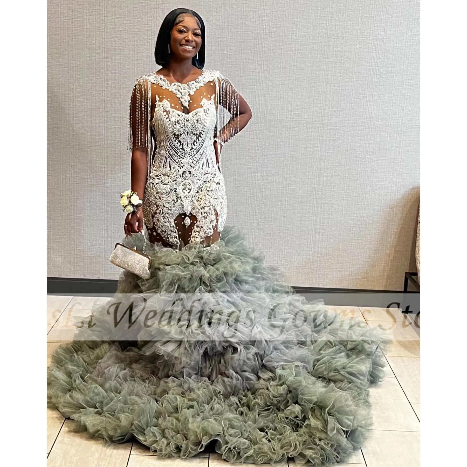 

Luxury Formal Evening Dresses For Black Girls Ruffles Beads Tassel Illusion Sexy Mermaid Prom Dress Vestiodos De Fiesta