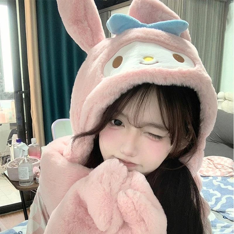 

Anime Sanrio Kulomi Cinnamoroll My Melody Plush Hat Gloves Girl'S Heart Cute Plush Hat Cartoon Christmas Birthday Gifts For Kids
