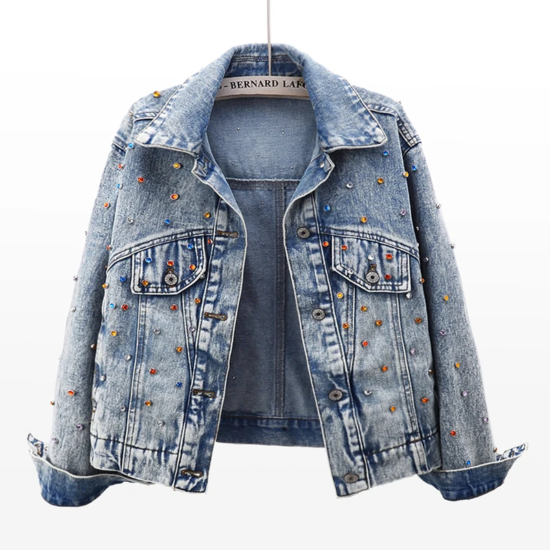 

Streetwear Fashion Beading Diamonds Denim Jacket Coat Women Vintage Blue Loose Short Outerwear Long Sleeve Jeans Jackets Female