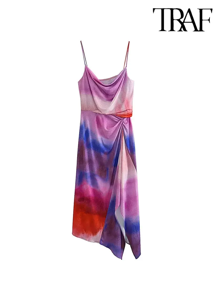 

Летние женские длинные платья на бретельках с принтом TRAF 2023, модные плиссированные повседневные элегантные облегающие платья без рукавов