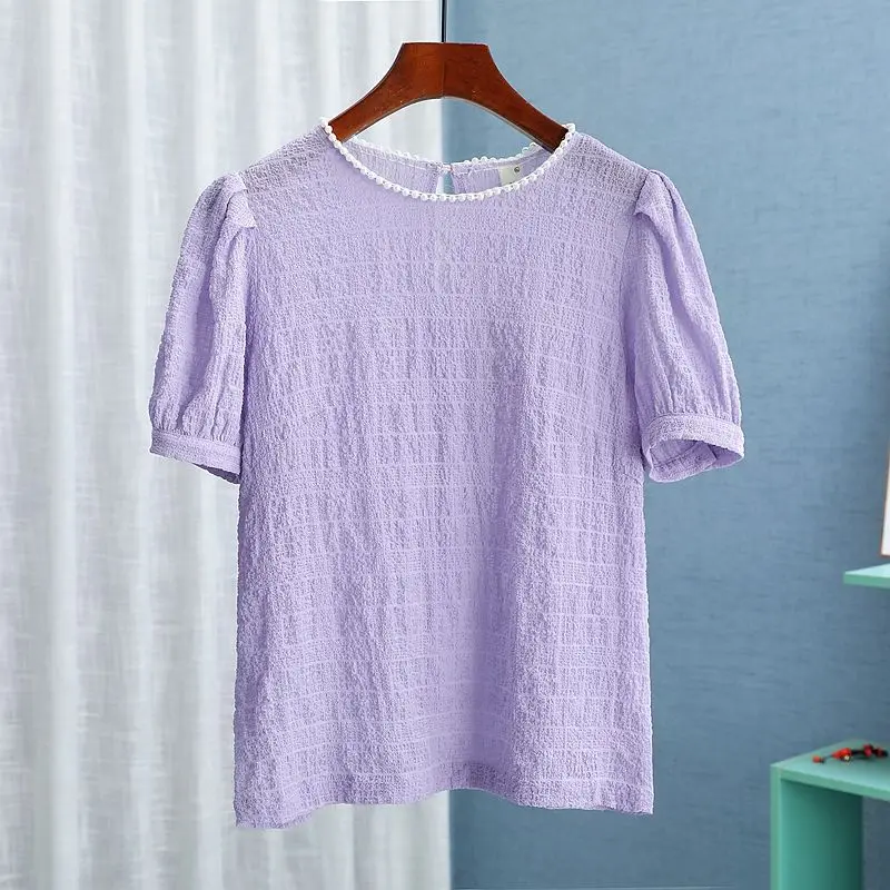 

23-0403 Round neck short sleeve loose shirt youthful all-match thin solid color top commuter summer