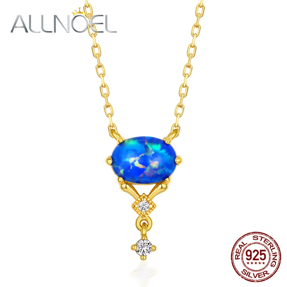 

ALLNOEL Solid 925 Sterling Silver Necklace For Women Synthetic Opal Zircon Retro Jewelry 45 cm Chain Young Style Gift 2020 New