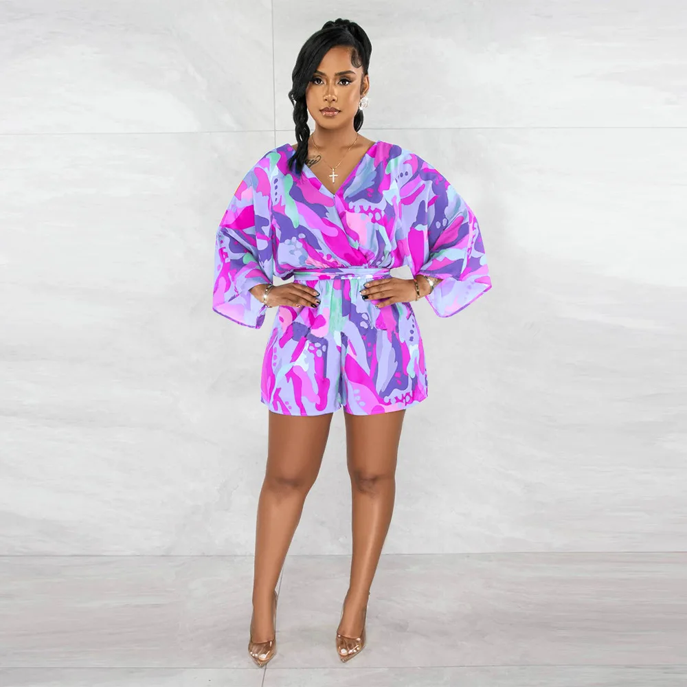 Women's Jumpsuit Fashion Women's 2023 New V-neck Sexy Open Back Printed Shorts Jumpsuit Streetwear One Piece Outfit Women