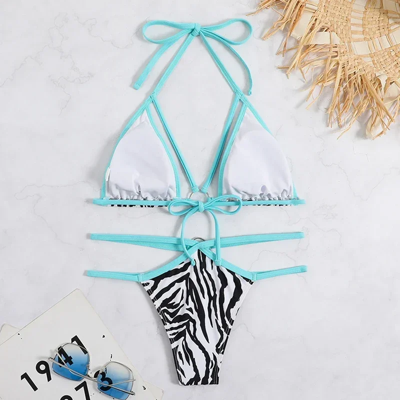 Купальники в полоску зебры 2024 женские сексуальные открытые бикини из 2 предметов