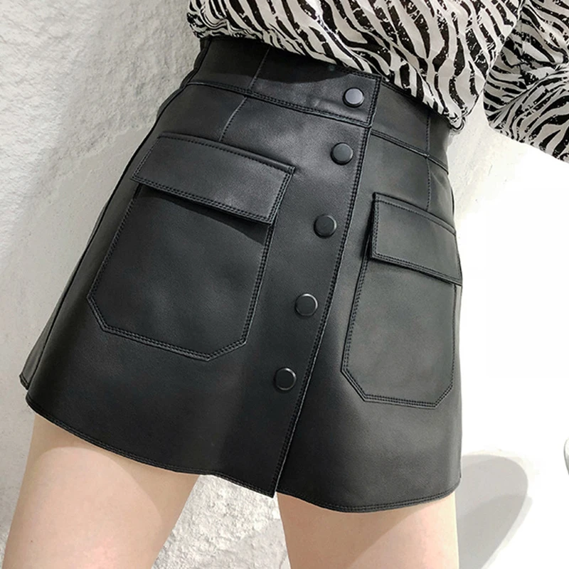 

Весна-Осень Новые Модные кожаные шорты юбки с высокой талией с карманами из овечьей кожи A-word женские Мини-Брюки Корейская версия