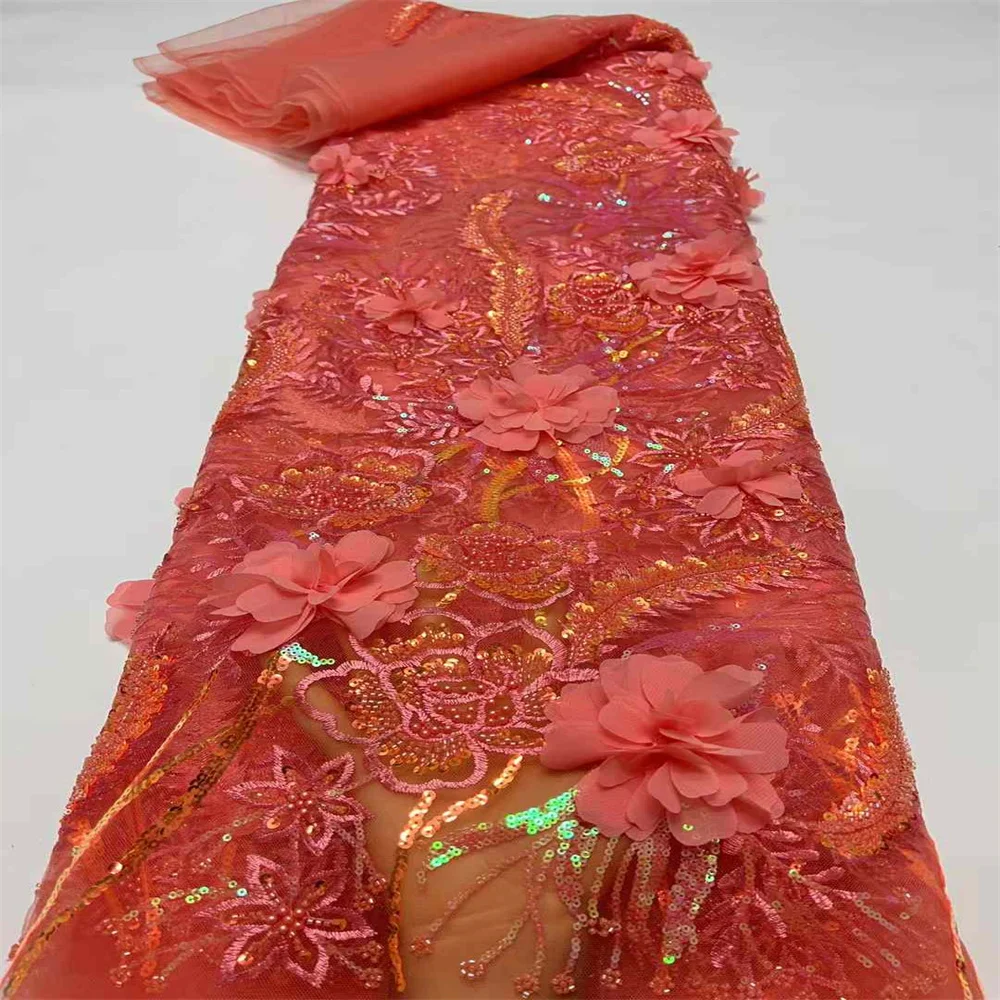 3D цветы в синем французском кружеве 2024 высококачественная кружевная сетка