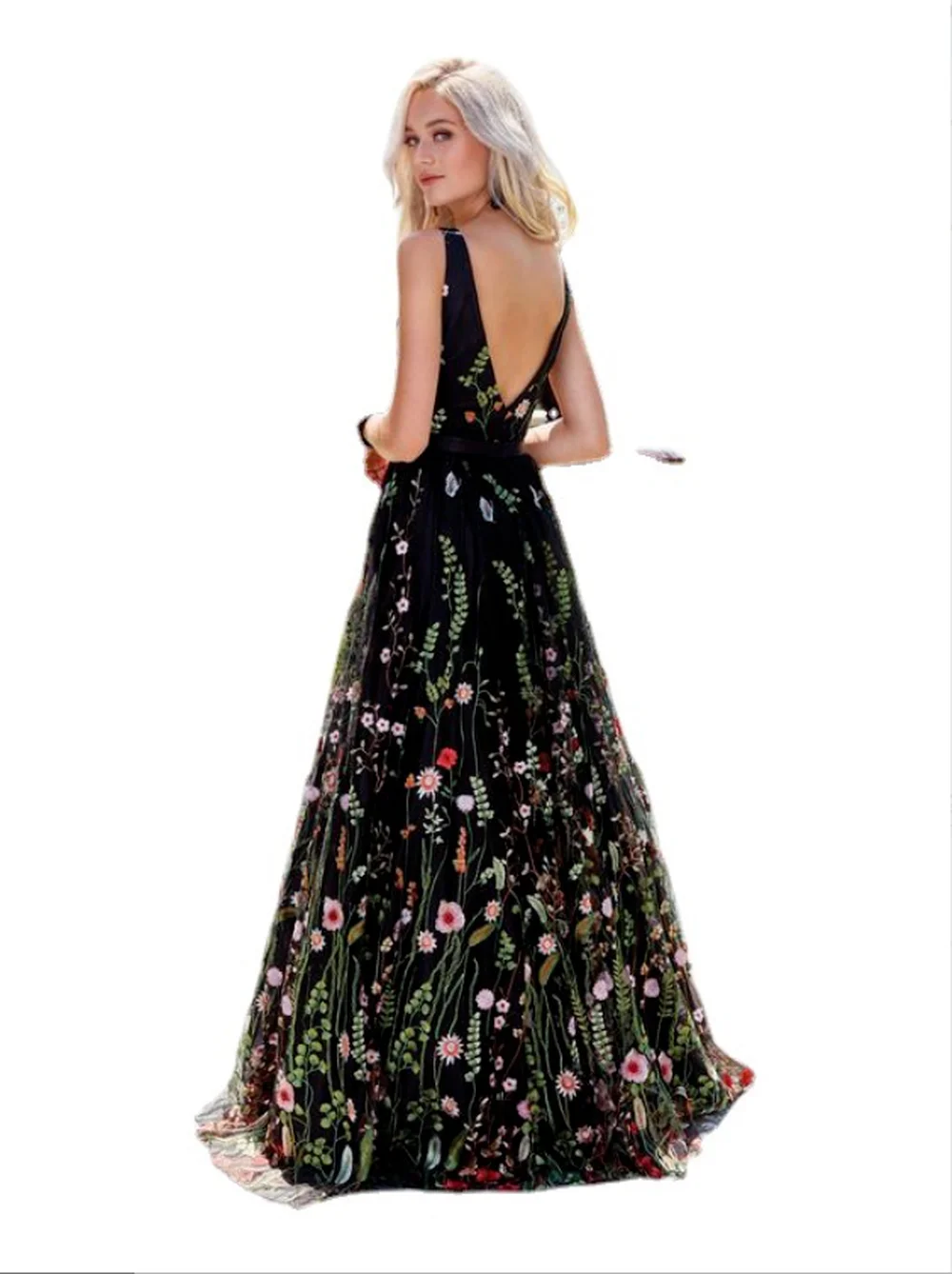 

Women Black A-line Maxi Dress V-Neck Blackless Embroidered Evening Ball Gown