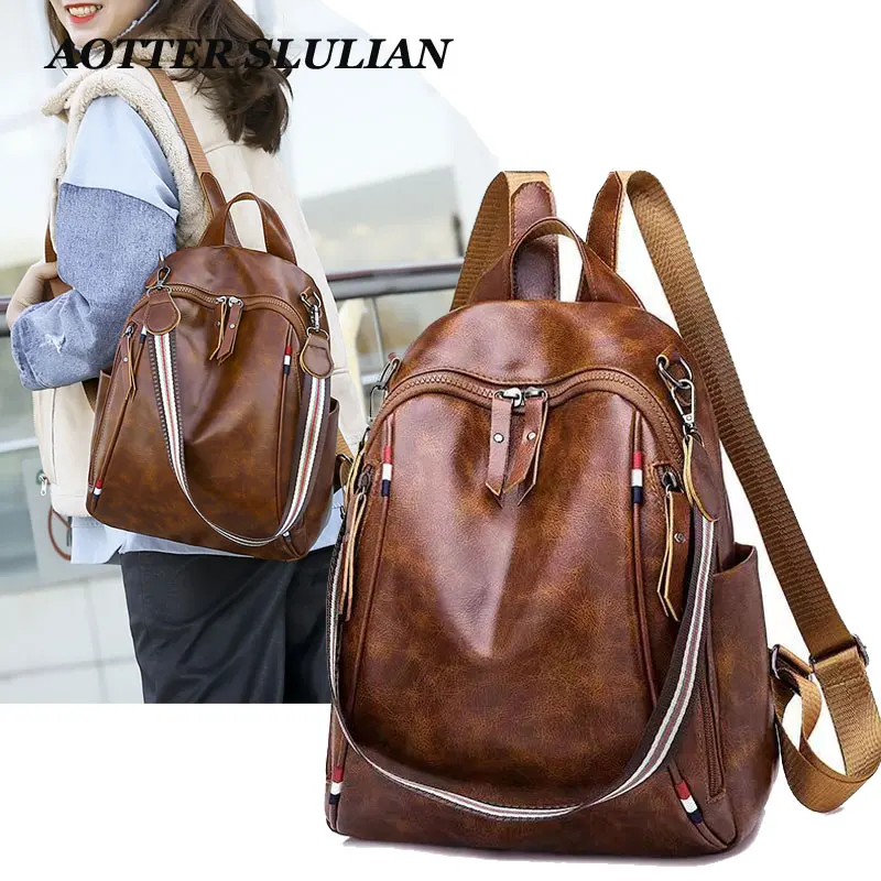 

Women Vintage Shoulder Bags Leather Female Backpacks Large Capacity Travel Bags