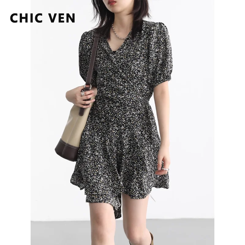 CHIC VEN Women Dress Retro V-neck Puff Sleeve Floral Flounces Dresses Party Office Ladies Female Fashion Clothing Summer 2023