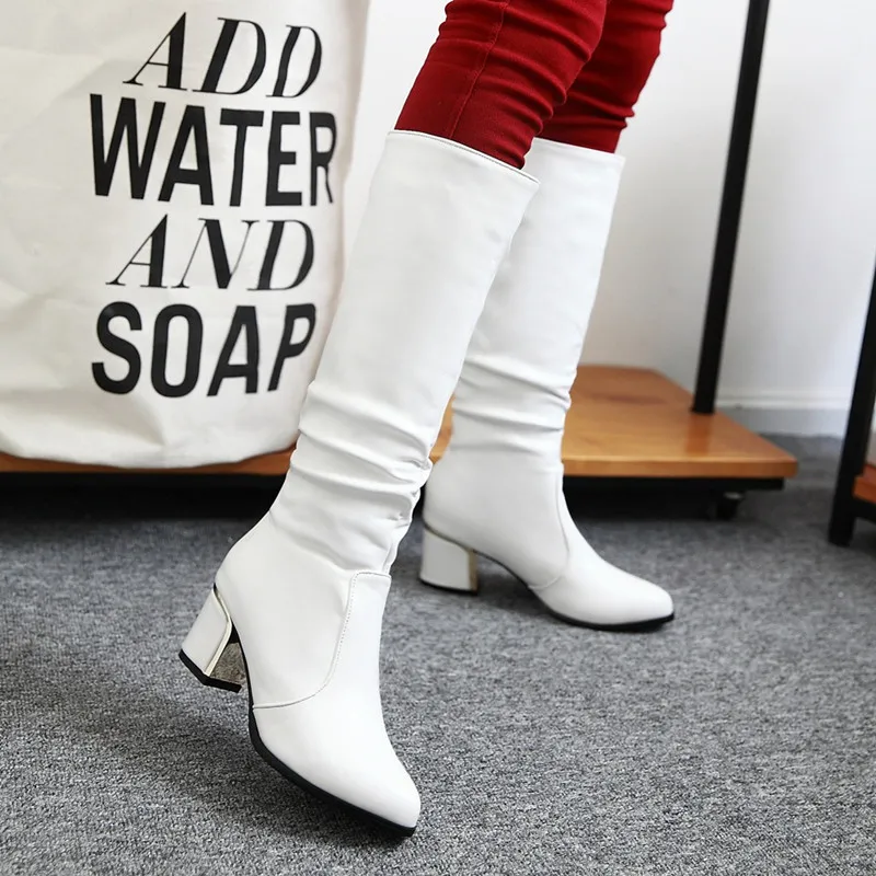 Fashion Brand PU Leather Women Ankle Boots Sexy Pointed Toe Western Cowboy Shoes Ladies Knee-High Chunky Wedges Botas Mujer32-43