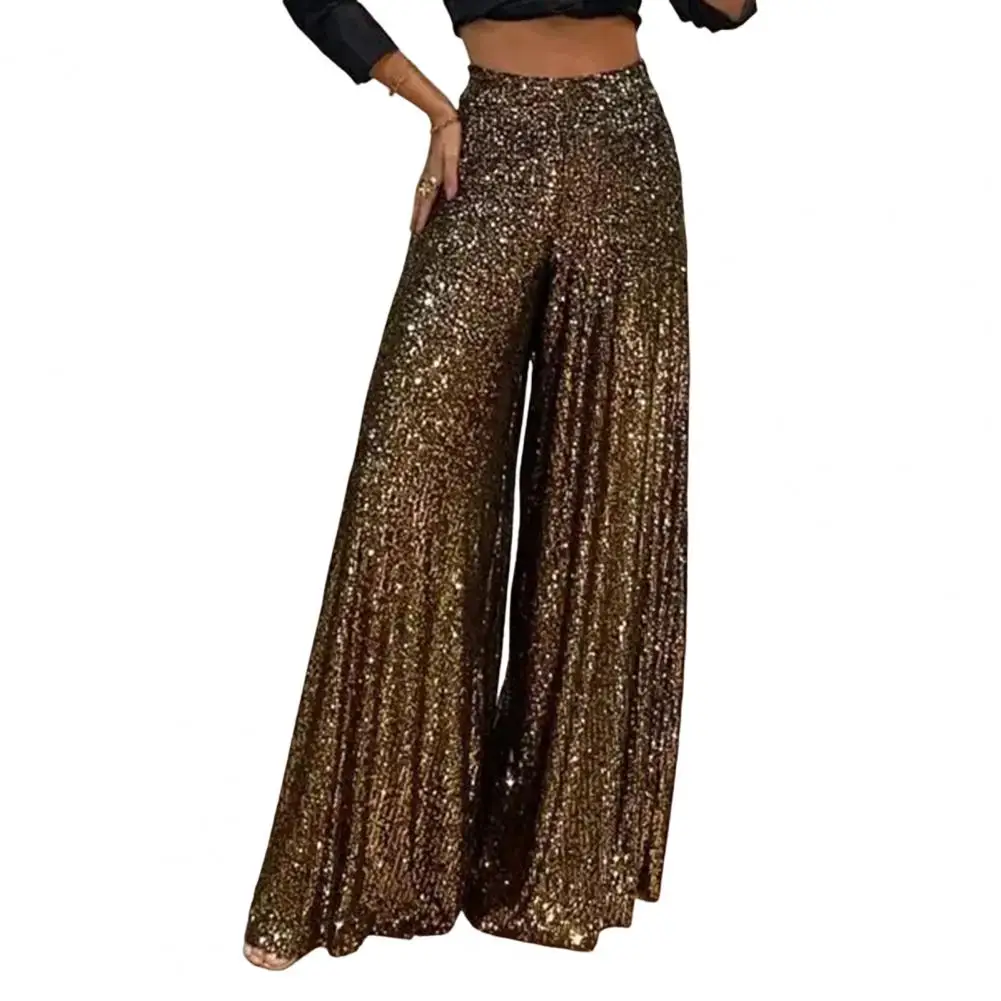 New High Waist Elastic Waistband Straight Full Length Women Pants Club Night Sequins Loose Wide Leg Pants