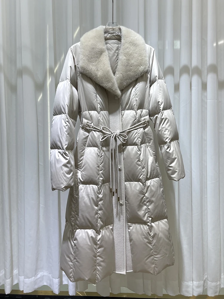 2024 новая модная зимняя длинная куртка на белом гусином пуху с воротником из