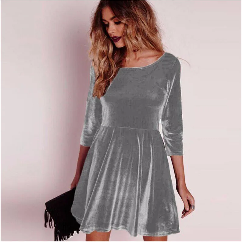 

Winter Fall Women Velvet Warm Dress O-neck Solid Party Dresses Sexy Three Quarter Sleeve Mini A-line Robe Dress Mujer Femininos
