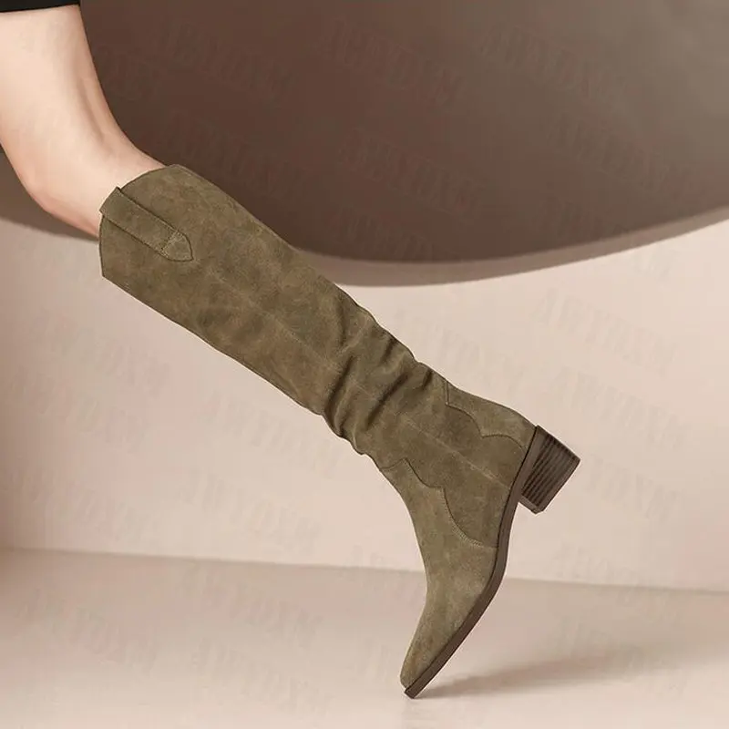 Зимние женские сапоги Челси до колена на массивном каблуке обувь среднем новинка