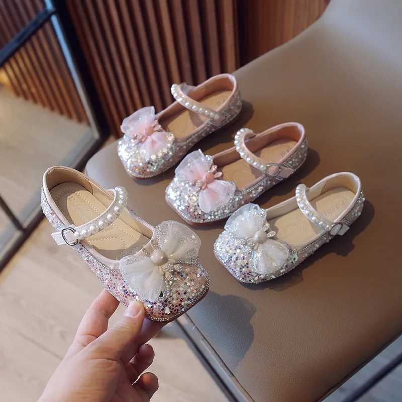 

Girls Performance Shoes Fashion Children Bling Glitter Mary Jane Shoes Fashion Lace Bow Kids Princess Dance Show Leather Shoes