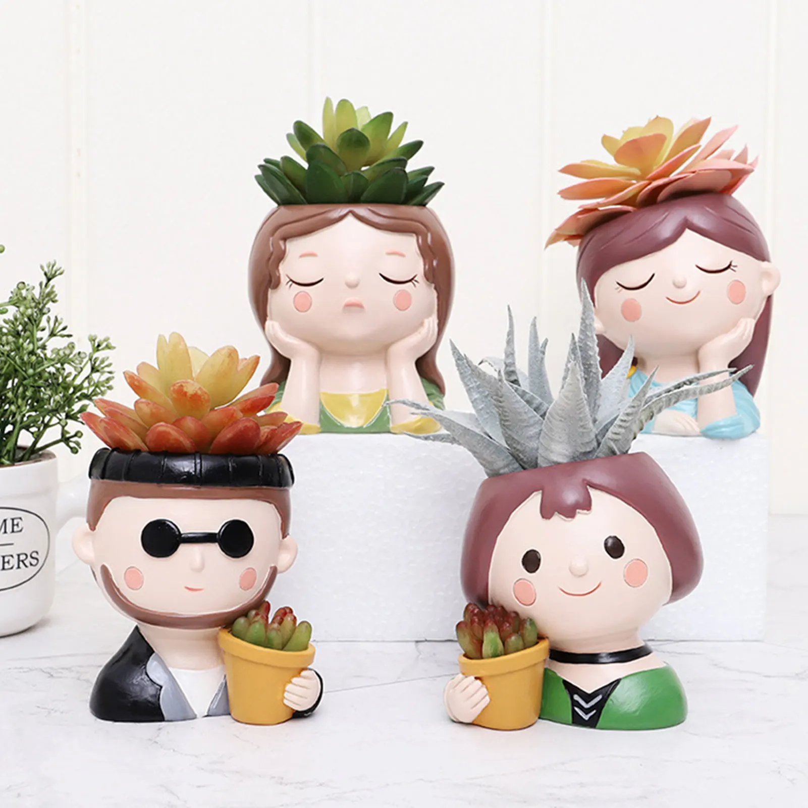 

Cartoon Girl Succulent Flower Pots Cute Face Small Bonsai Sculpture Vase With Drainage Home Organizer Decorative Accessories