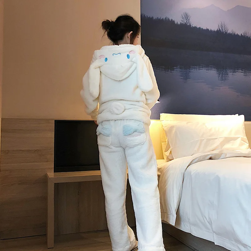 Cartoon Flannel Pyjama Long Ear Hooded Sleepwear Warm Thick Women Winter Pajamas Set Two Pieces Pockets Girls Homewear Women