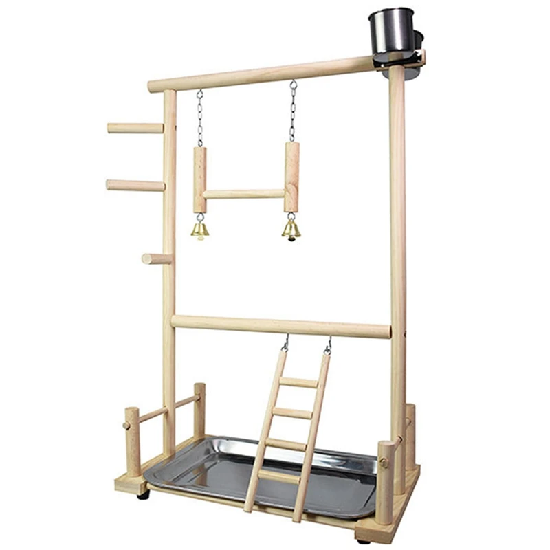 

Parrots Playground,Natural Wooden Parrot Perch Gym Play Stand Parakeet Ladders With Feeder Cups And Toys Exercise Play