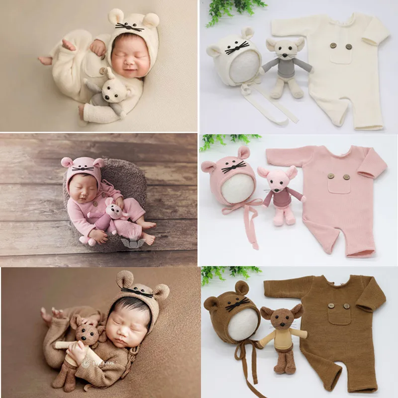 Newborn Photographic Clothing Mouse Hat Doll Jumpsuits 3 Piece Set Studio Baby 0-1 Month Photography Clothes Props Accessories