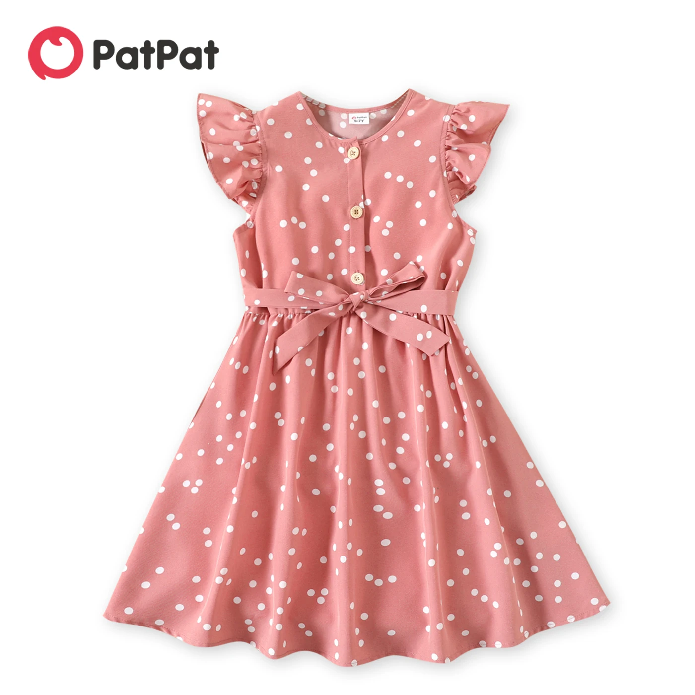 

PatPat Kid Girl Dresses Polka Dots Button Design Belted Flutter-sleeve Kids Dress Round Neck Bow Belt Slim Fit A-Line Dress