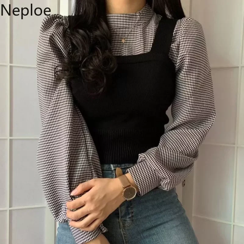 

Neploe Women Plaid Shirts Tops Elegant Sets Lantern Sleeve Blouse Slim Knit Cropped Sweater Vest 2022 Korean Two Piece Suits