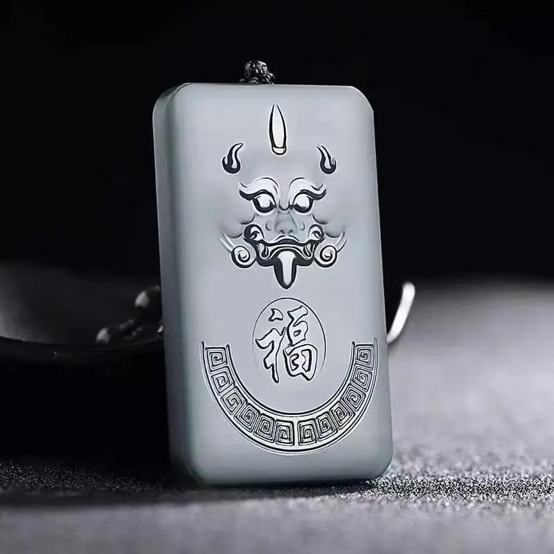 

New Fushou Ruyi Pendant Natural Hetian Green Jade Hand Carved Jadeite Necklace Men's Ladies with Chain Fine Jewelry