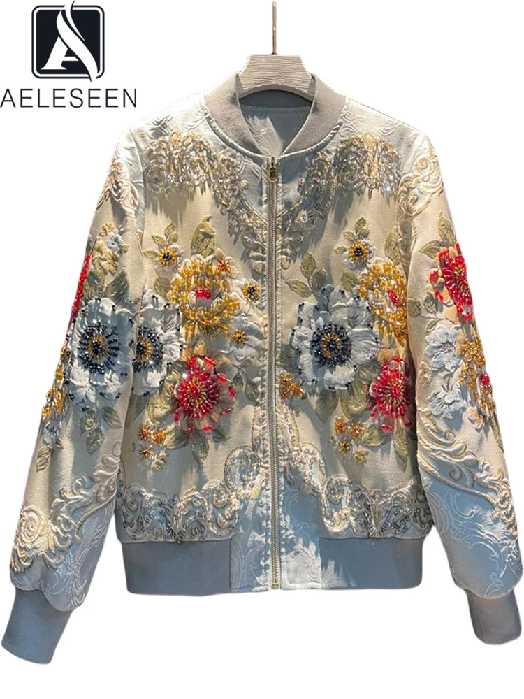 

AELESEEN Women Autumn Winter Jacket 2022 Runway Fashion Luxury Beading Crystal Flower Embroidery Jacquard Warm Party Coat