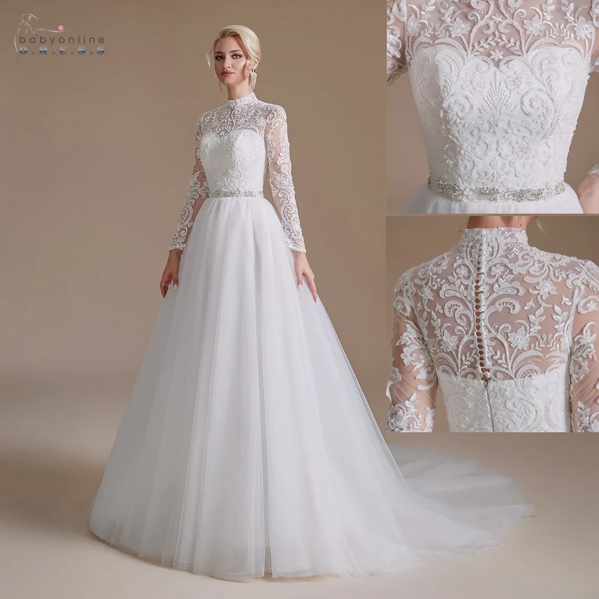 

White Ivory Ball Gown Lace Wedding Dresses 2022 Long Sleeve Button Vintage Princess Tulle Pearls Bridal Dress Vestidos De Novia