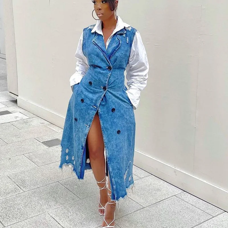 

Women Denim Long Vest Coat Spring Autumn Sleeveless Double Breasted Cardigan Coat Streetwear Vintage Ripped Irregular Long Vest