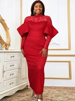 Plus Size Women Red Long Dress Party Patchwork Lace Sleeve Half High Collar Robes Vintage Christmas Classy Gowns African Evening