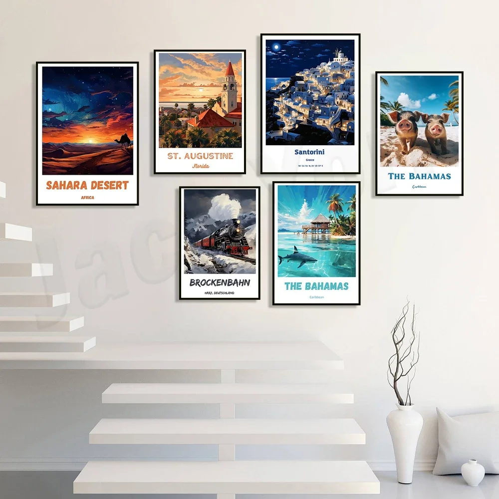 German train Brocken Railway Sahara Desert Himeji Castle St. Augustine Ravello Bahamas Jerusalem Santorini travel poster