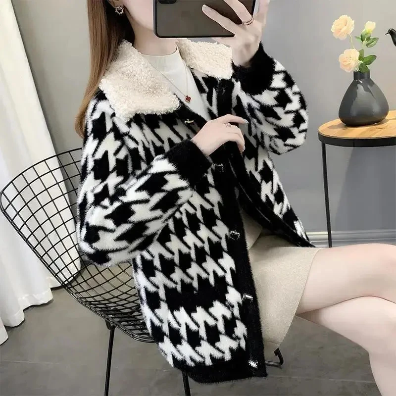 

Houndstooth Knitted Cardigan Women Korean Imitation Mink Velvet Stitching Lamb Wool Coat Autumn Winter Thicken Loose Outerwear