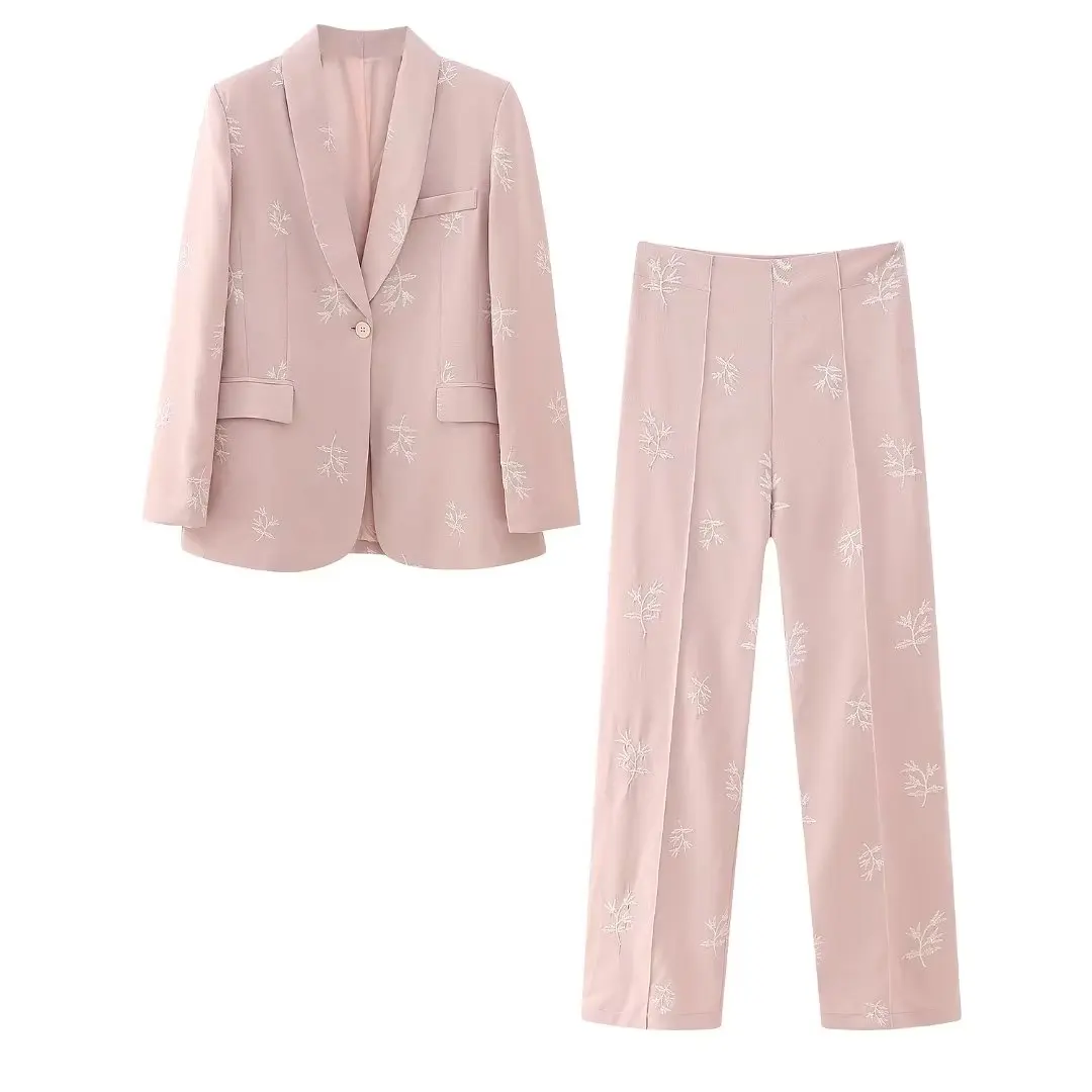 

Set Women 2 Pieces 2023 New Fashion Embroider Blazer Coat Vintage Embroidered Trousers Female Outerwear Chic