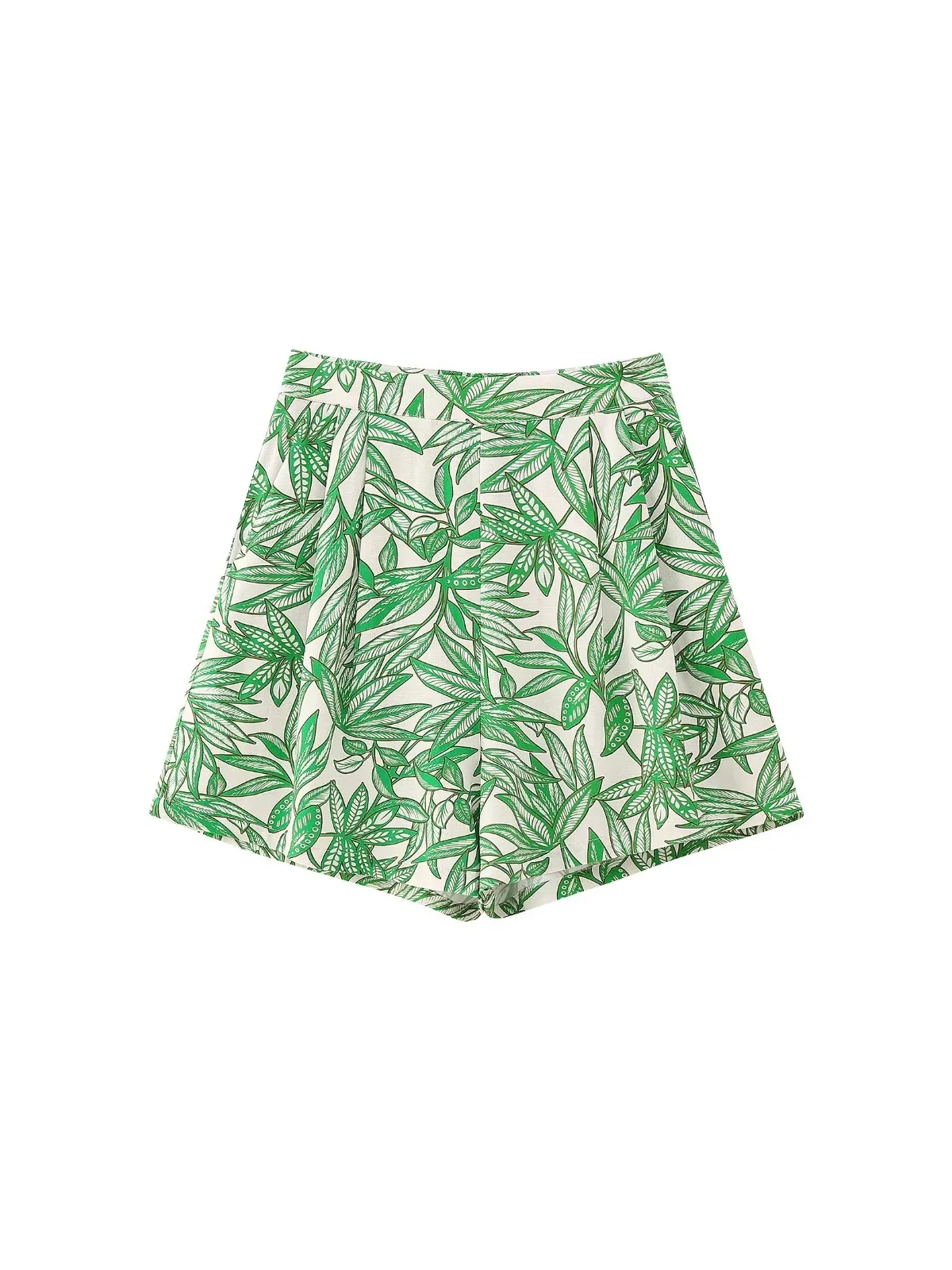 Summer Women's Green Printed High-waisted All-in-one Pocket Design Pleated Decorative Casual Wide-leg Shorts Holiday Style