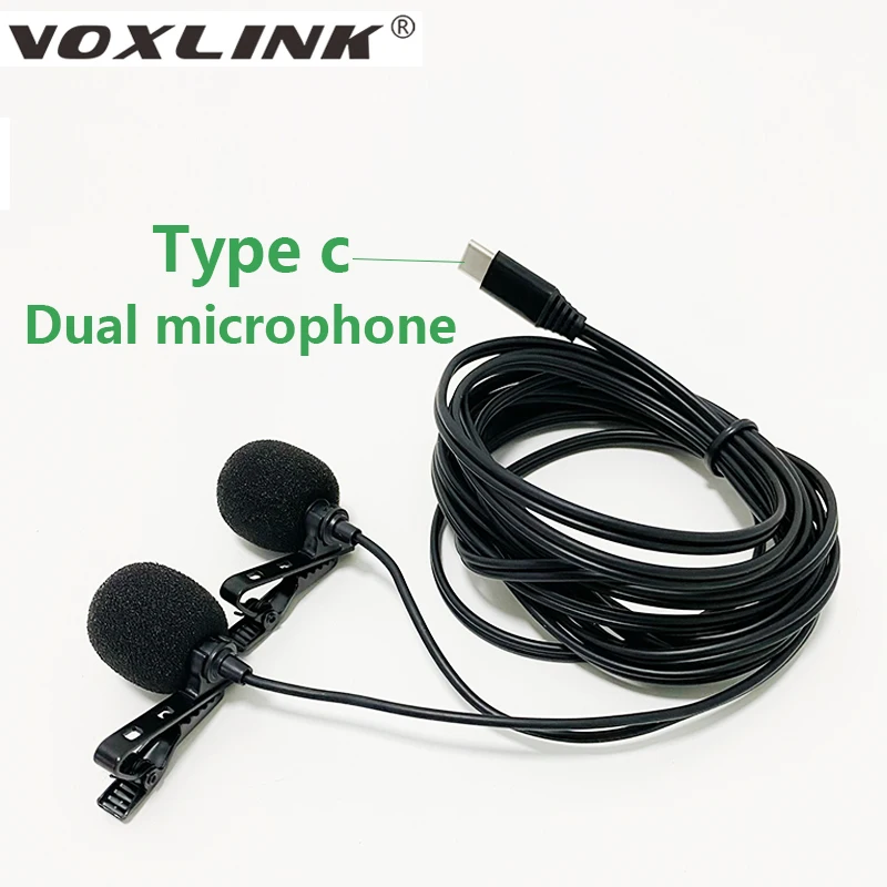 

VOXLINK Dual Microphone Clip Tie Collar for Mobile Phone Speaking 1.5M/3M Type C Bracket Clip Vocal Audio Lapel Microphone